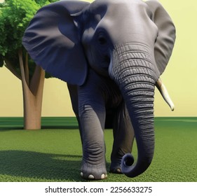 Grey Blue Elephant walking closeup with tusk and trunk in 
green forest illustration vector art design