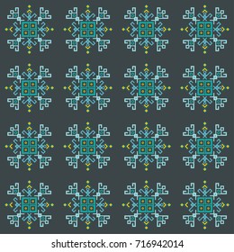 Grey and blue ethnic design with traditional tribal motifs of crooked lines, triangles, squares, circles. Mayan symbol, geometric pattern decoration. Embroidery style winter clothes ornament.