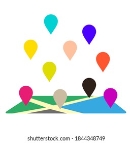Grey and blue map icon with falling colored map markers. Vector illustration isolated on white.
