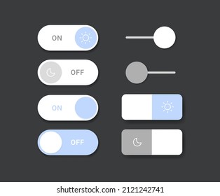 Grey and blue Neumorphism toggle Switch to UI Kit illustration set. Button, drag, on, off, mobile. Vector drawing. Hand drawn style.