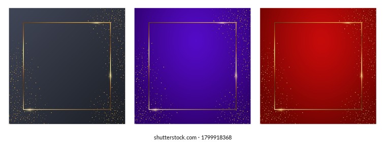 Grey, Blue, Red Square Backgrounds Set. Elegant Colorful Wallpapers With Thin Geometric Border And Golden Sparkle Confetti. Luxurious Design Templates. Vector Banner Illustration With Copyspace