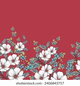 grey and blue seamless vector stock flowers leaves border pattern on red background