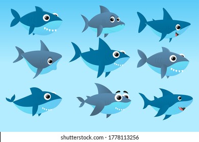 Grey with blue shark cartoon character. Shark fish mascot. Sharks for baby, kids and family. Vector set isolated on white background. Vector illustration