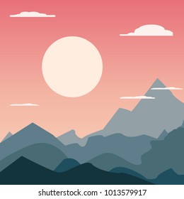 Grey and blue silhouettes of mountains in the fog on sunset or sunrise flat vector landscape panorama background pink dusky sky dusk dawn nature seamless camping hiking harmony travelling backpacking.