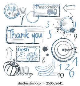 Grey and blue stamp set with numbers and fruits