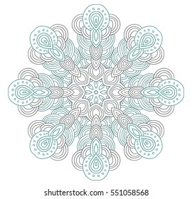 Grey, blue and white abstract pattern with leaves and flowers. Doodle. Hand drawn zentagles. Coloring book. Mandala.