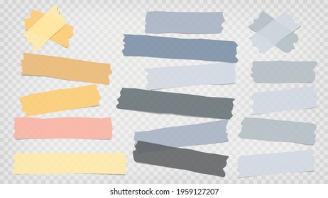 Adhesivo de diferentes tamaños gris, azul, amarillo, pegajoso, enmascarado, cinta adhesiva, piezas de papel sobre fondo cuadrado blanco