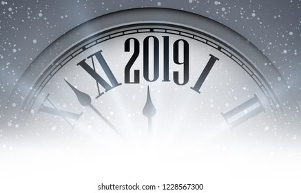 Grey blurred 2019 New Year background with clock and snow. Beautiful Christmas greeting card. Vector illustration.
