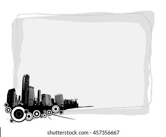Grey board with place for your own text and with cityscape at the front bottom left corner.