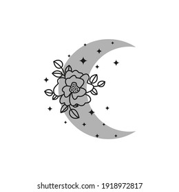 Grey bohemian crescent moon with outline flower isolated on white background. Mystic witchy illustration. Boho chic silhouette.