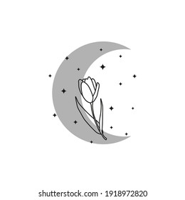 Grey bohemian crescent moon with outline tulip flower isolated on white background. Mystic witchy illustration. Boho chic silhouette.