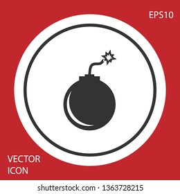 Grey Bomb ready to explode icon isolated on red background. White circle button. Vector Illustration
