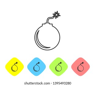Grey Bomb ready to explode line icon isolated on white background. Set icon in color rhombus buttons. Vector Illustration
