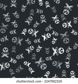 Grey Bones and skull as a sign of toxicity warning icon isolated seamless pattern on black background.  Vector