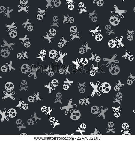 Grey Bones and skull as a sign of toxicity warning icon isolated seamless pattern on black background.  Vector