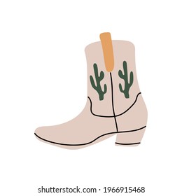 Grey Сowboy boot with  cactus ornament.  Wild West theme. Hand drawn colored trendy Vector isolated illustration.