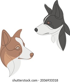 Grey Border Collie vector dog portrait. Continuous line. Dog line drawing with colour. Set of two.