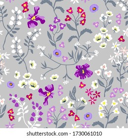 Grey botanical pattern. Seamless print with wild flowers. Vintage collection. Template for textile design, cards, wallpapers, gift wrappings.