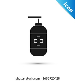 Frasco gris de jabón antibacteriano líquido con icono del dispensador aislado en fondo blanco. Antiséptico. Desinfección, higiene, cuidado de la piel. Ilustración vectorial