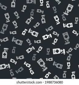 Grey Bottle of liquid antibacterial soap with dispenser icon isolated seamless pattern on black background. Antiseptic. Disinfection, hygiene, skin care.  Vector