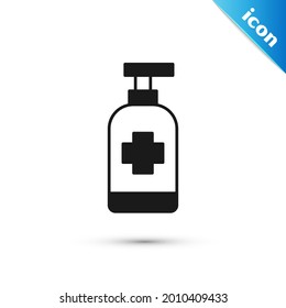 Grey Bottle of liquid antibacterial soap with dispenser icon isolated on white background. Antiseptic. Disinfection, hygiene, skin care.  Vector