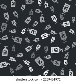 Grey Bottle of shampoo icon isolated seamless pattern on black background.  Vector Illustration