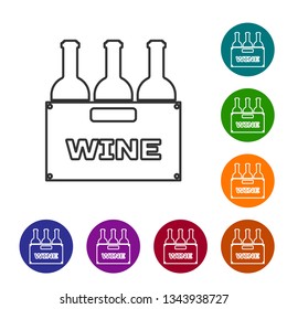 Grey Bottles of wine in a wooden box line icon isolated on white background. Wine bottles in a wooden crate icon. Vector Illustration