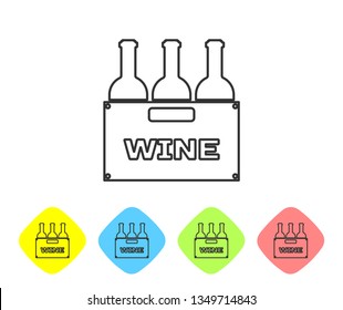 Grey Bottles of wine in a wooden box line icon isolated on white background. Wine bottles in a wooden crate icon. Set icon in color rhombus buttons. Vector Illustration
