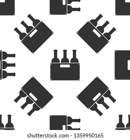 Grey Bottles of wine in a wooden box icon isolated seamless pattern on white background. Wine bottles in a wooden crate icon. Vector Illustration