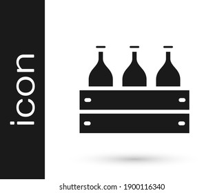 Grey Bottles of wine in a wooden box icon isolated on white background. Wine bottles in a wooden crate icon.  Vector Illustration