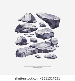 Grey boulder rock vector asset in EPS10 format. Realistic, detailed design with textured surface and natural contours. Ideal for landscape illustrations, outdoor scenes, and geological themes.