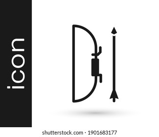 Bow gris y flecha en icono de quiver aislado en fondo blanco.  Ilustración vectorial