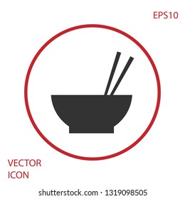 Grey Bowl with asian food and pair of chopsticks silhouette icon isolated on white background. Concept of prepare, eastern diet. Red circle button. Vector Illustration