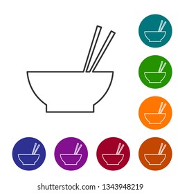 Grey Bowl with asian food and pair of chopsticks silhouette line icon isolated on white background. Concept of prepare, eastern diet. Vector Illustration