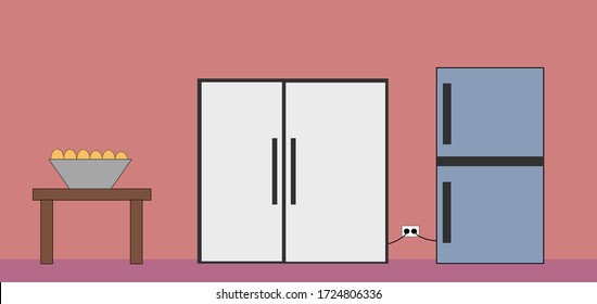 A grey bowl of egg is on the wood table on the left side and two refrigerator are in the  middle and right side. Stay at home there are many foods.