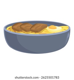 Grey bowl is filled with a delicious broth, ramen noodles, meat, and a soft boiled egg