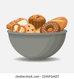 Grey bowl full of baked goods cartoon vector illustration. Dish with different sweet pastry products. Donut, bread, muffin, pretzel, toast. Bakery composition. Isolated on white background