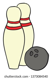 Una bola de boliche gris junto a dos pines de bolos amarillos con dos cintas rojas en el cuello cada dibujo de color vectorial o ilustración 