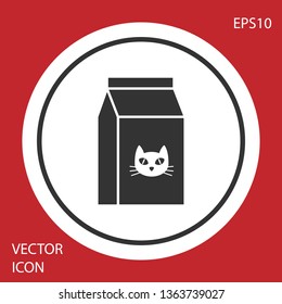 Grey Box of food for cat icon isolated on red background. Food for animals. Pet food package. White circle button. Vector Illustration