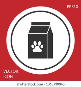 Grey Box of food for pet icon isolated on red background. Food for animals. Pet food package. Dog or cat paw print. White circle button. Vector Illustration