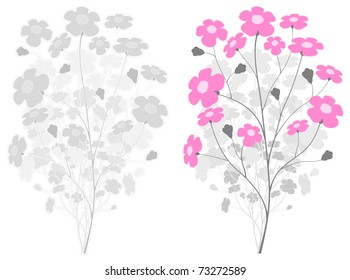 grey branch with pink color spring flowers, delicate illustration,  isolated vector