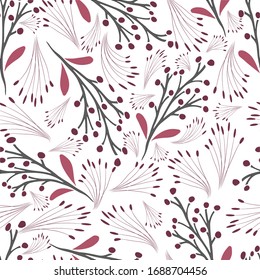 Ramas grises, arenques rosas y plantas simples sobre un fondo blanco.Patrón floral sin fisuras. Vector.