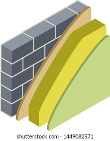 Grey brick wall in isometry with layers of plaster and insulation. Construction of buildings. Material for home repair. Scheme of applying green and yellow layer