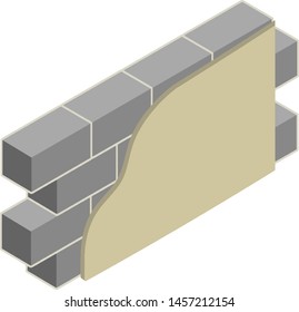 Grey brick wall in isometry with layers of plaster and insulation. Scheme of applying green and yellow layer. Material for home repair. Construction of buildings