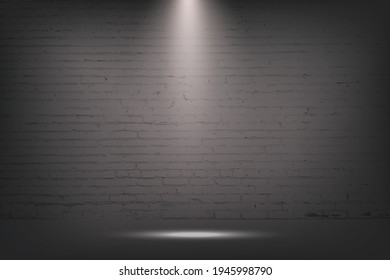 Grey brick wall with spotlight, stone background. Light from lamp on concrete texture vector illustration. Streetlight or stage for show in exhibition or museum wallpaper.