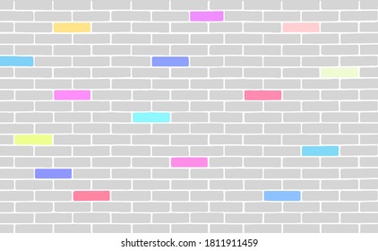 Grey Brickwork texture with colour and sepia bricks. Brick Wall background. Vector illustration.