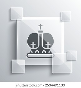 Grey British crown icon isolated on grey background. Square glass panels. Vector