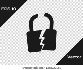 Grey Broken or cracked lock icon isolated on transparent background. Unlock sign. Vector Illustration