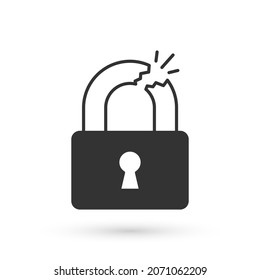 Icono de bloqueo grisáceo roto o agrietado aislado en fondo blanco. Desbloquear la señal.  Vector
