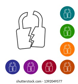 Grey Broken or cracked lock line icon on white background. Unlock sign. Set icon in color circle buttons. Vector Illustration
